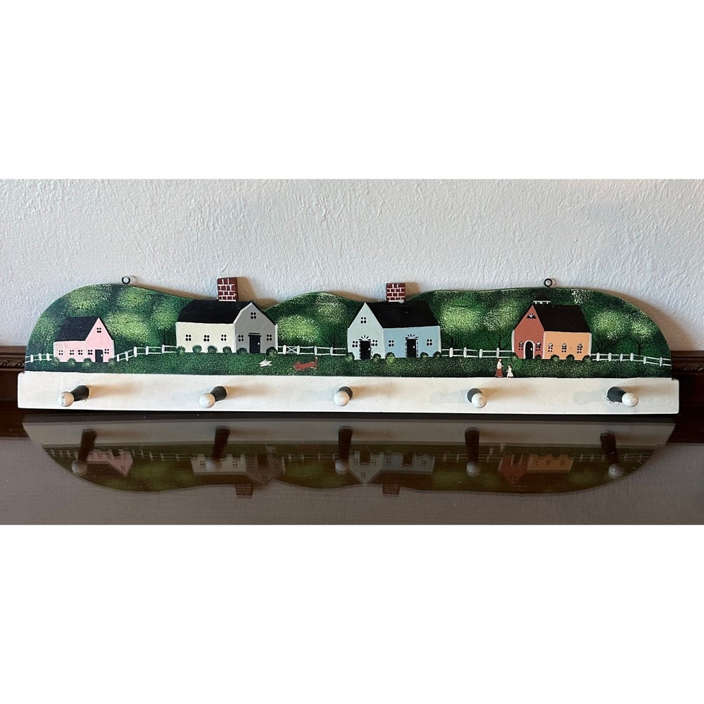Vintage Folk Art Hand Painted Wood Wall Rack 5 Peg Village Scene Key Coat Hanger